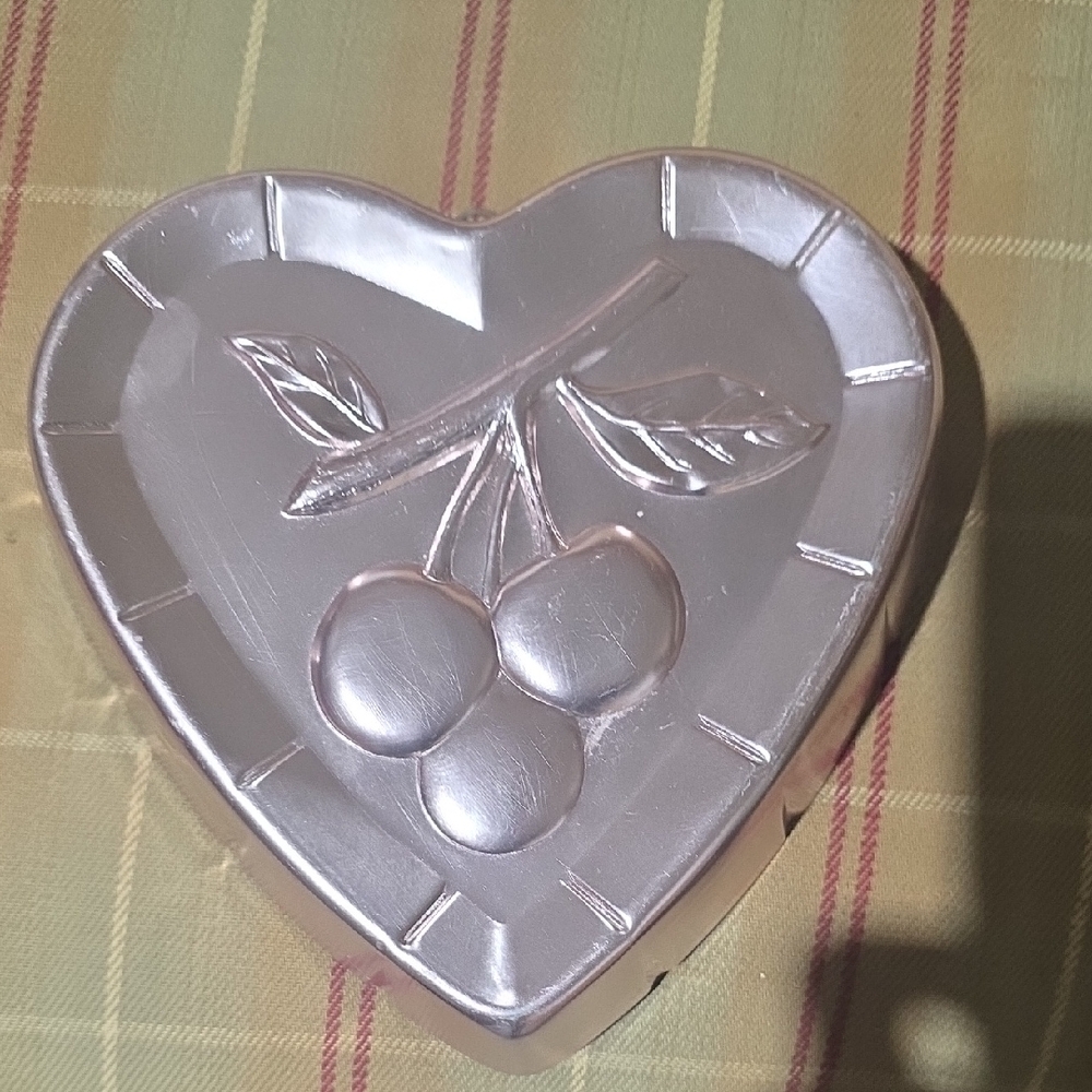 Heart Shaped Cherry Tin - Shiny Silver Trinket Box